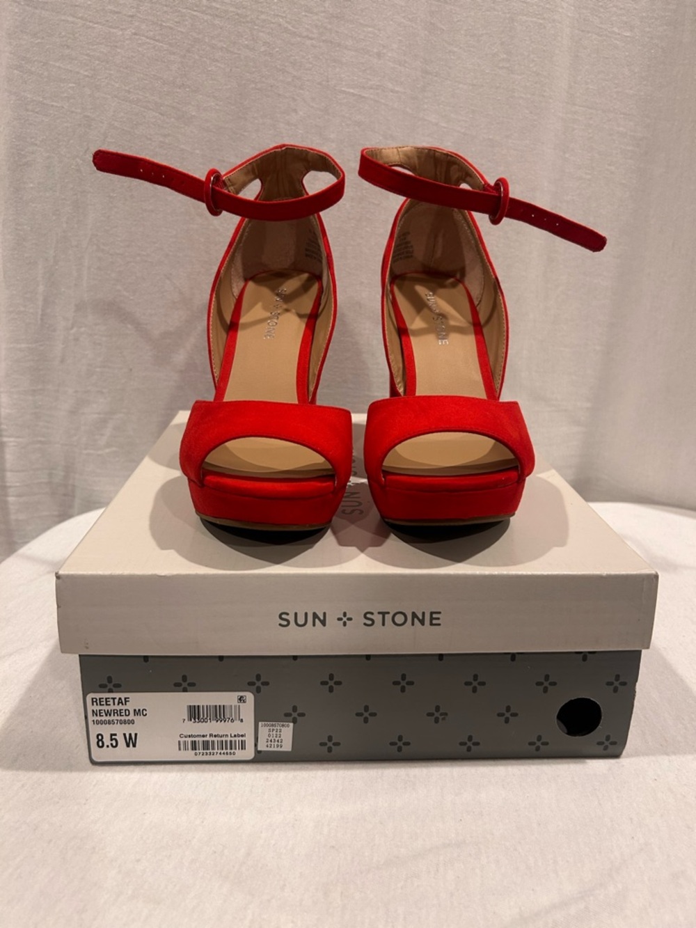 Sun + Stone Red Open-Toe Ankle-Strap Platform Heels